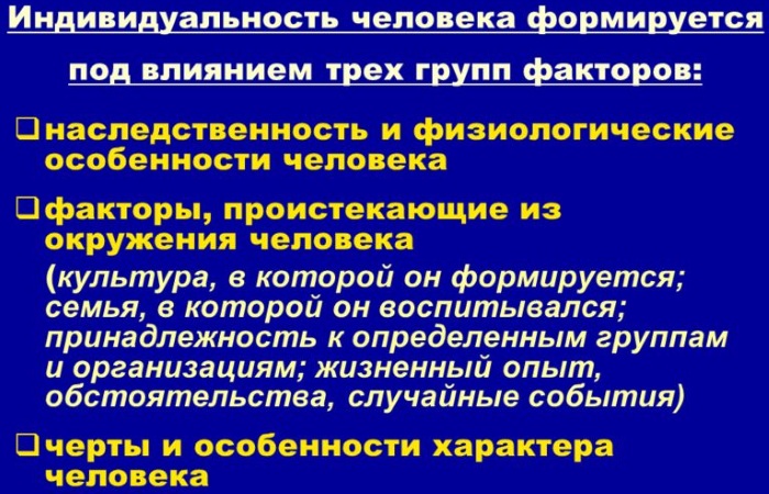 Индивидуальность в психологии. Что это такое, как сохранить, примеры, признаки, черты, структура, предпосылки, виды, формы проявления