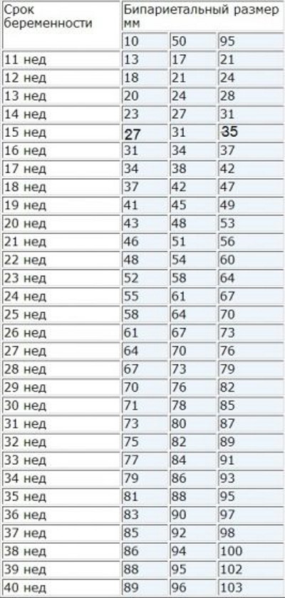Бипариетальный размер головы по неделям (БПР головки плода) при беременности