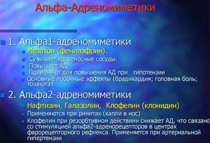 Альфа-адреномиметики препараты. Механизм действия, фармакологические эффекты