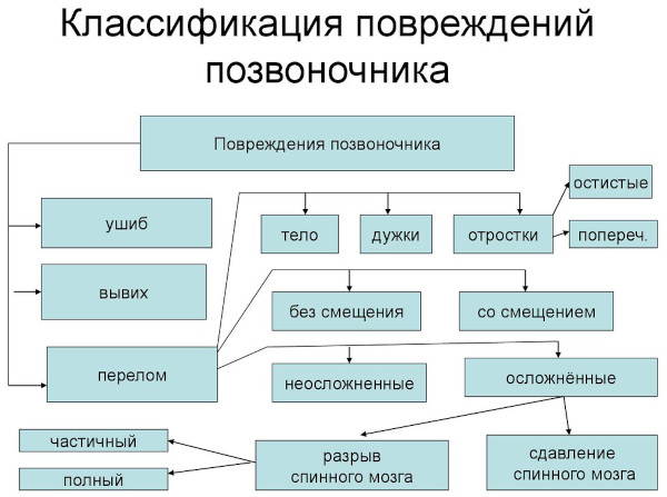 Травмы позвоночника. Первая помощь, классификация, симптомы