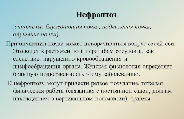 Нефроптоз (опущение почки). Что это такое, симптомы, лечение, как исправить